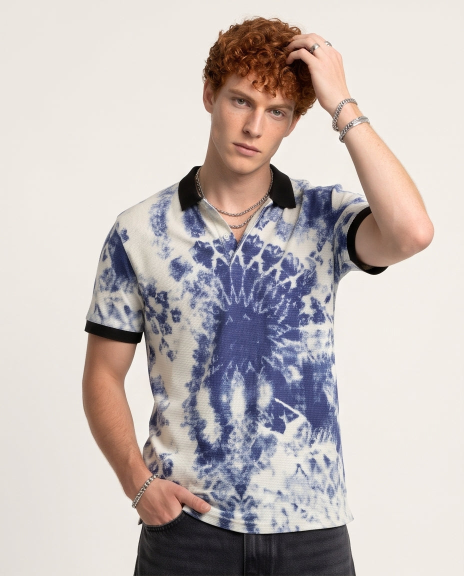 Blue & White Tie-Dye Short Sleeve Polo with Contrast Trim - O198432