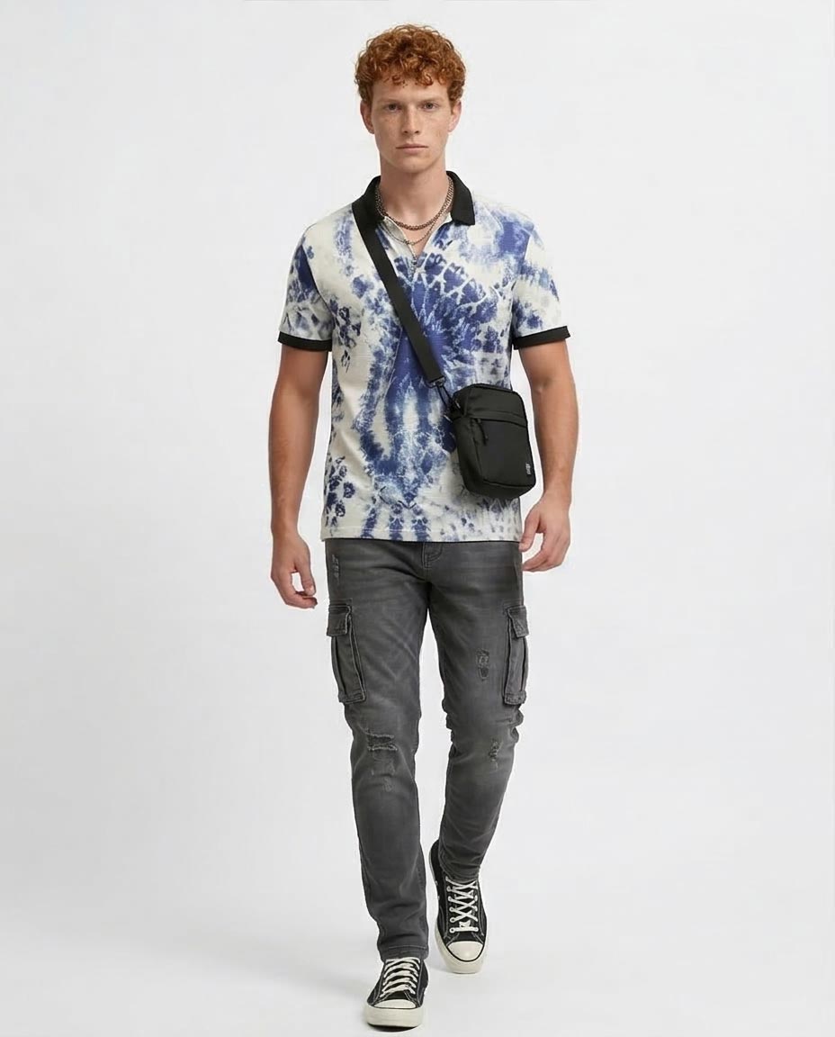 Blue & White Tie-Dye Short Sleeve Polo with Contrast Trim - O198432