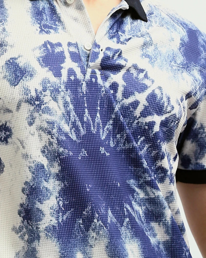 Blue & White Tie-Dye Short Sleeve Polo with Contrast Trim - O198432
