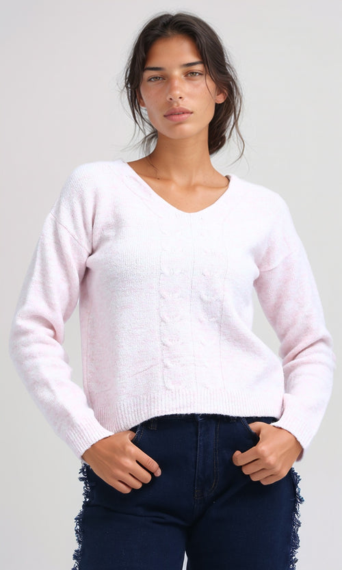 O198503 - V-Neck Regular Long Sleeve Pullover - Light Pink