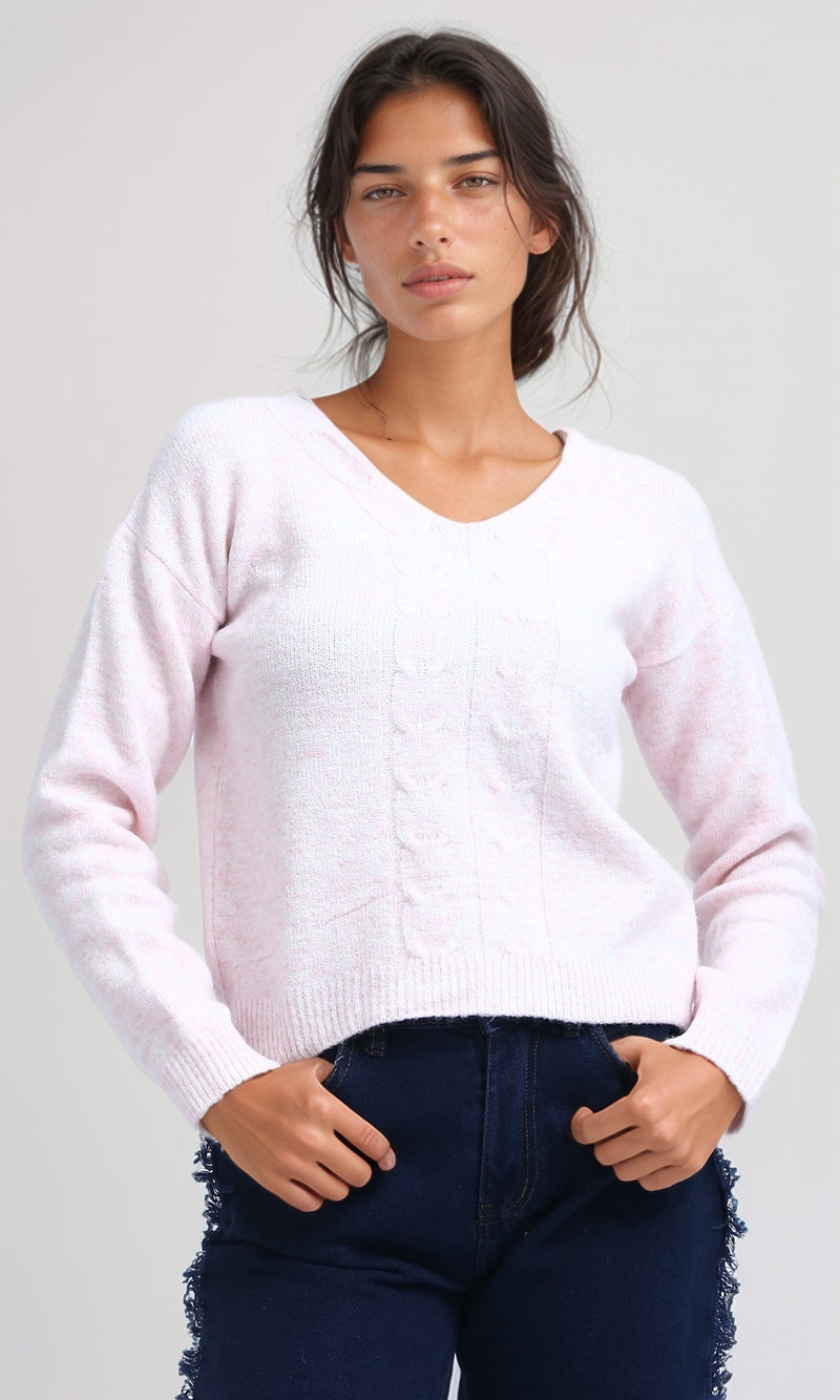 O198503 - V-Neck Regular Long Sleeve Pullover - Light Pink