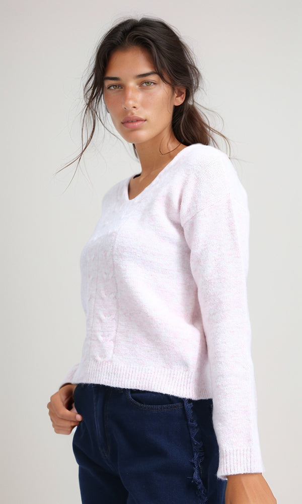 O198503 - V-Neck Regular Long Sleeve Pullover - Light Pink