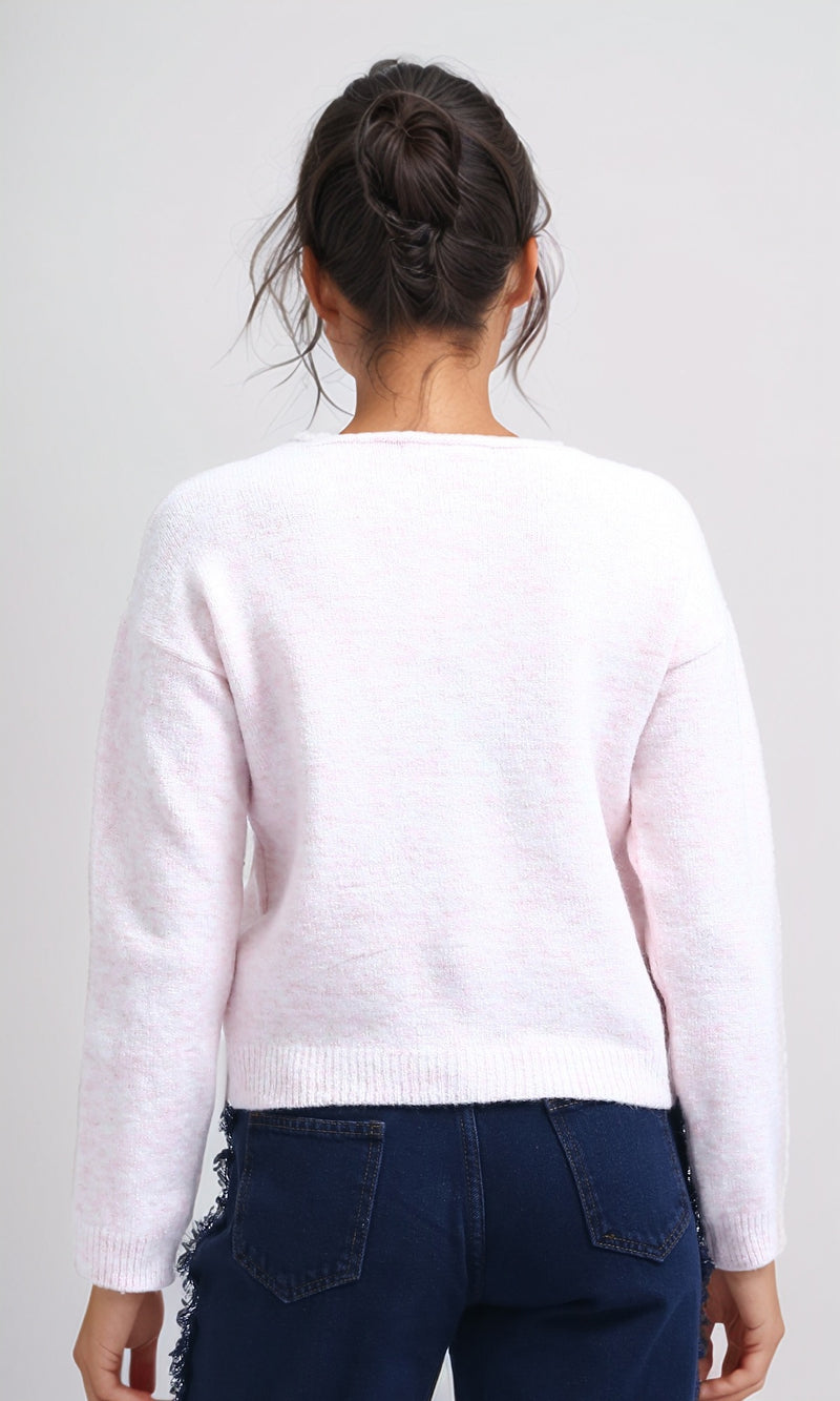 O198503 - V-Neck Regular Long Sleeve Pullover - Light Pink
