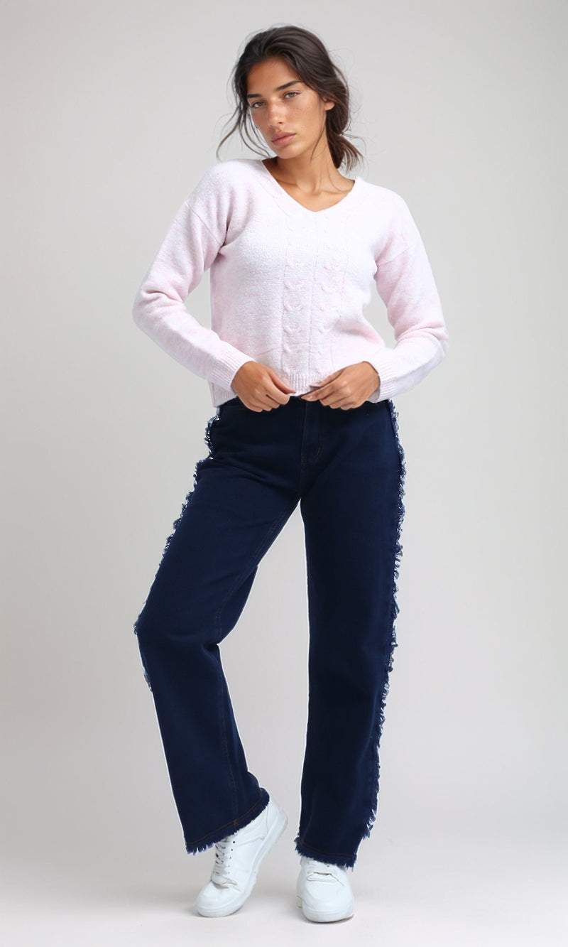 O198503 - V-Neck Regular Long Sleeve Pullover - Light Pink