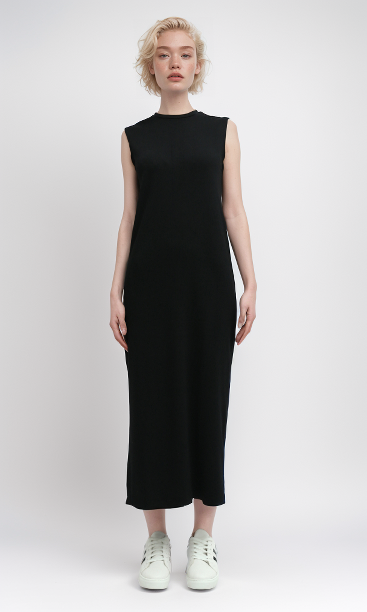 Sleek Ribbed High-Neck Sleeveless Midi Dress - Black - O198523