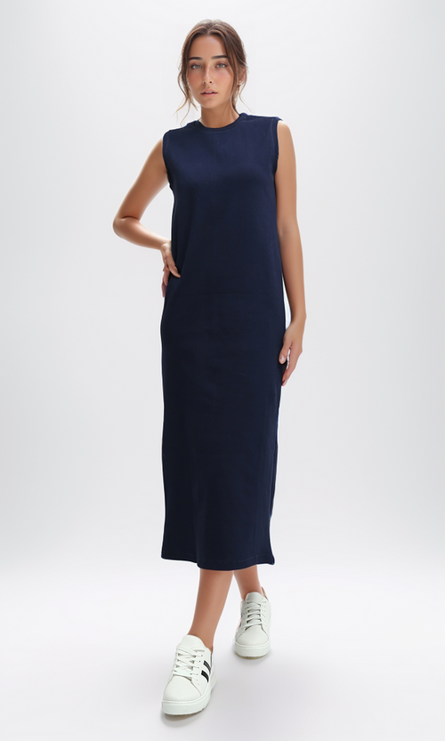 O198525  Slip On Casual Navy Blue Midi Dress