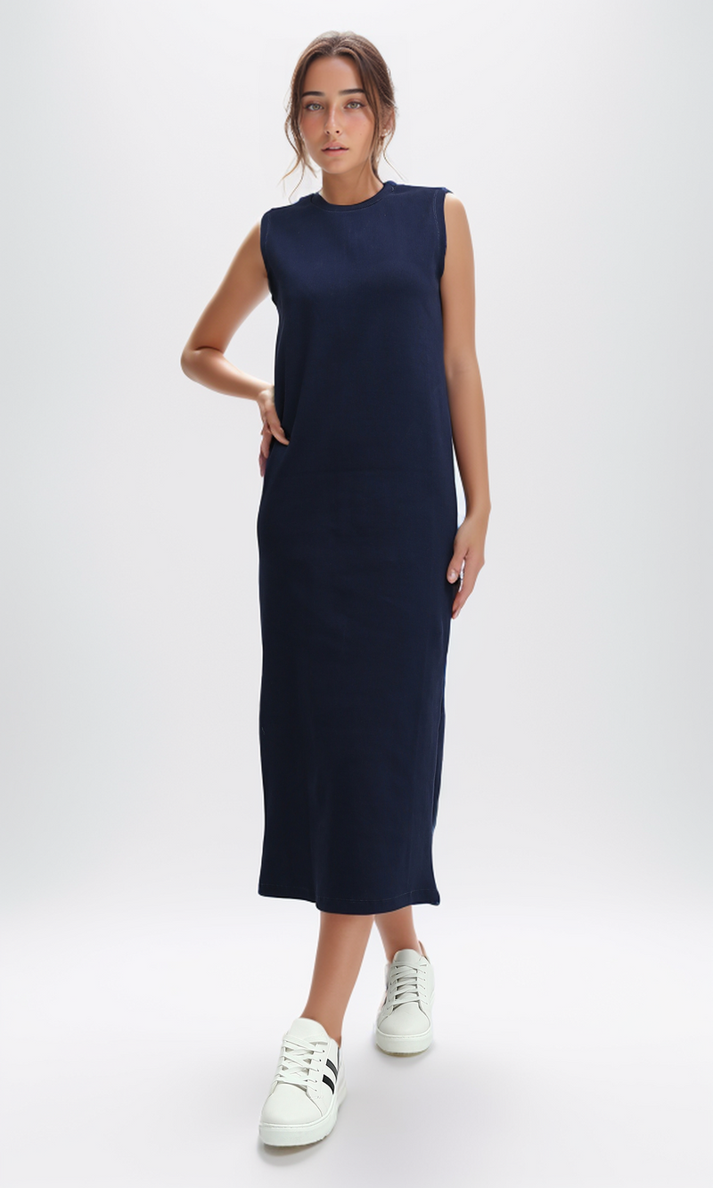 O198525  Slip On Casual Navy Blue Midi Dress
