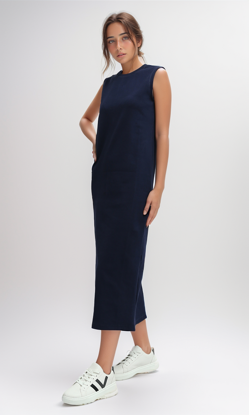 O198525  Slip On Casual Navy Blue Midi Dress