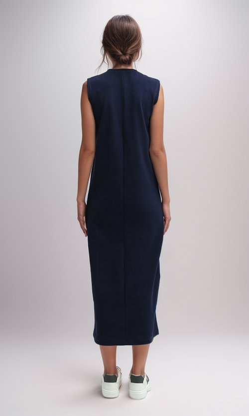 O198525  Slip On Casual Navy Blue Midi Dress