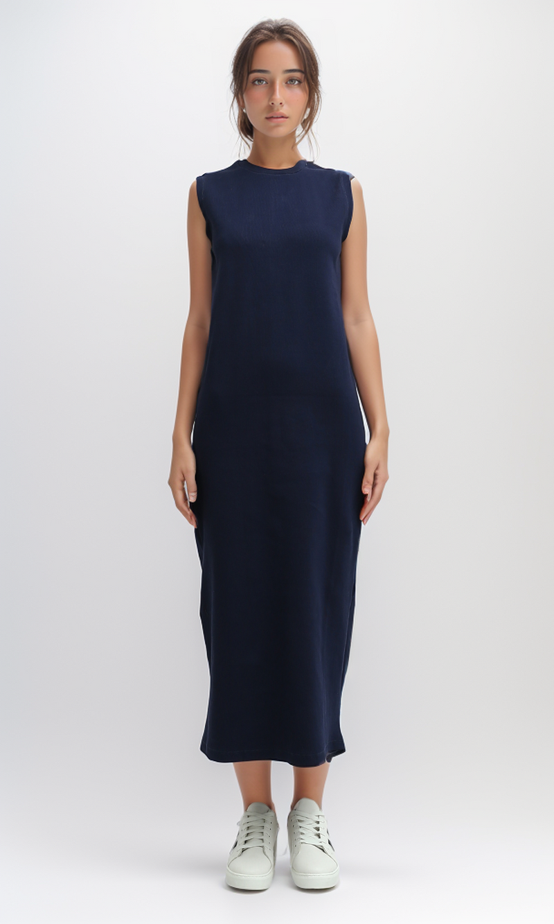 O198525  Slip On Casual Navy Blue Midi Dress