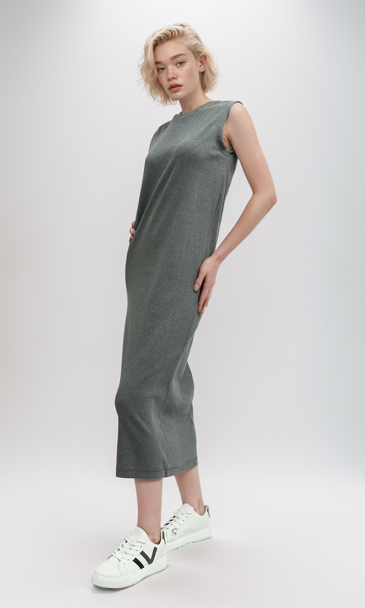 O198526 Heather Dark Grey Sleeveless Maxi Dress