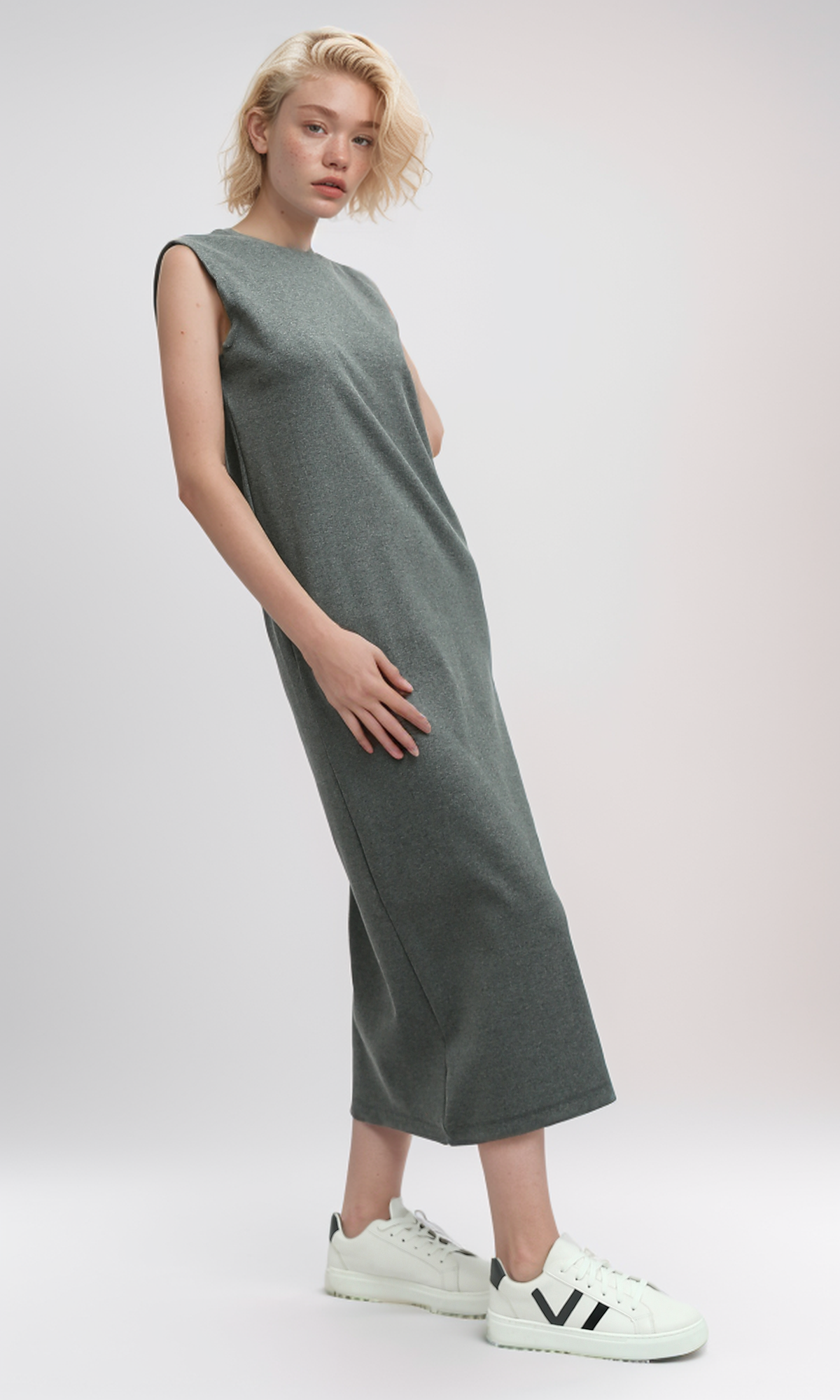 O198526 Heather Dark Grey Sleeveless Maxi Dress