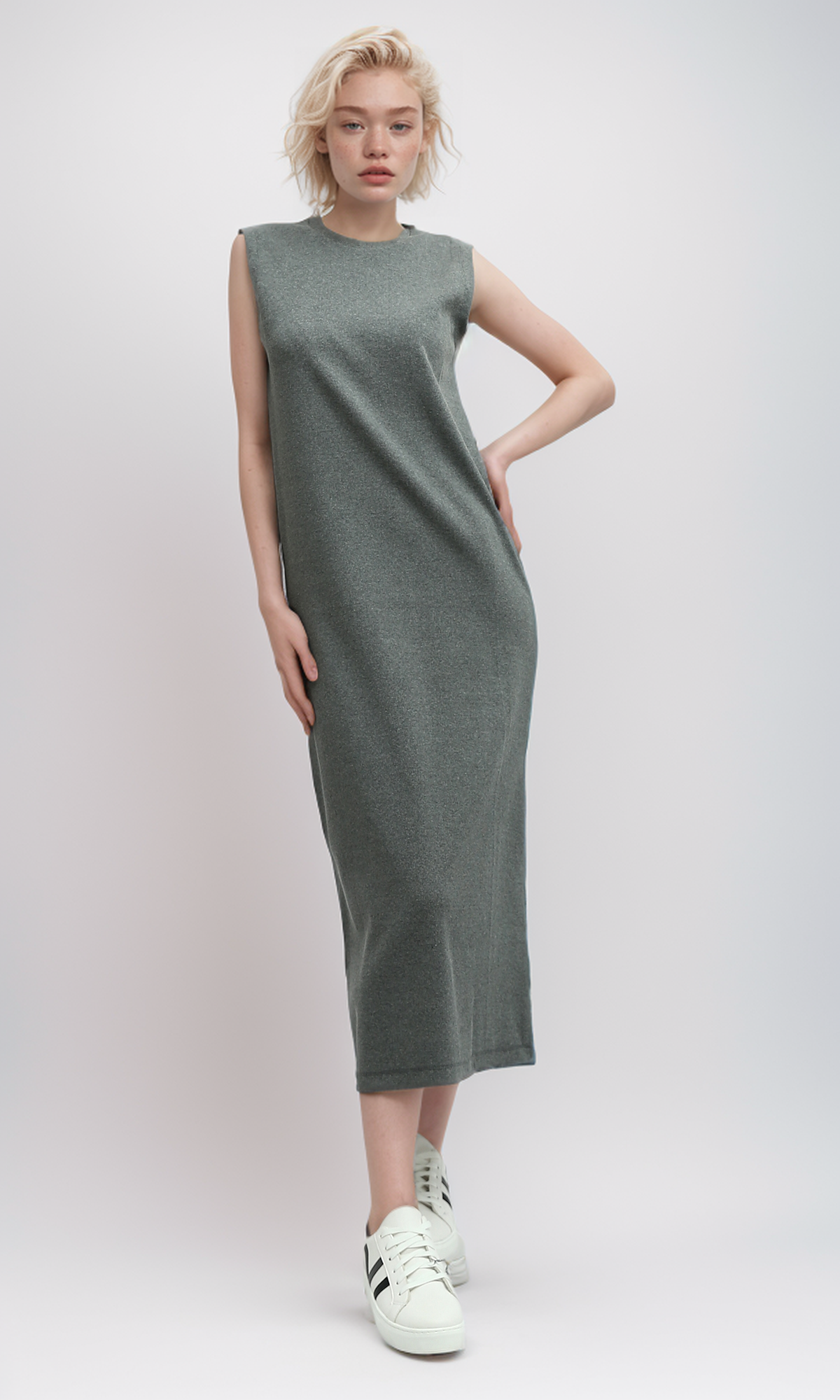 O198526 Heather Dark Grey Sleeveless Maxi Dress