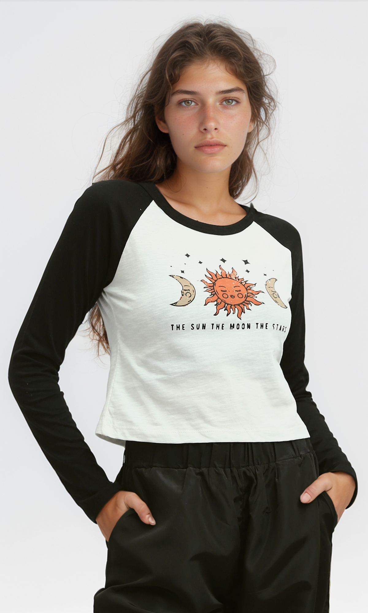 O198538 - White & Black Sleeve Cropped Tee Printed