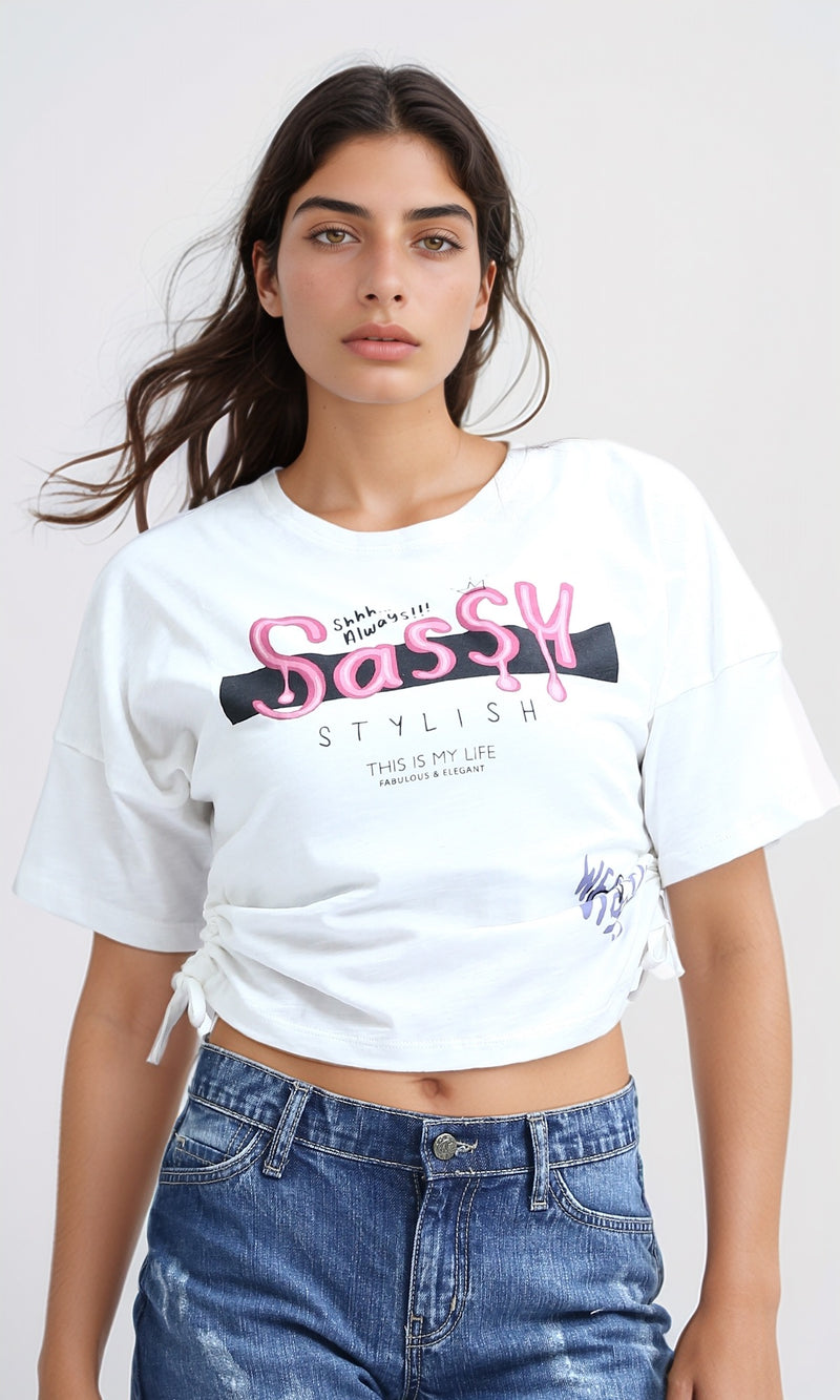 O198541 Slip On Cotton Tee with Short Sleeves - White