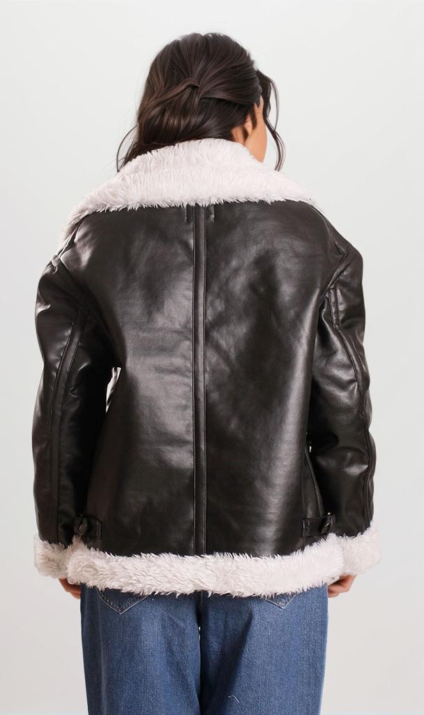 o198692-SHEARLING COLLAR LEATHER JACKET - BLACK