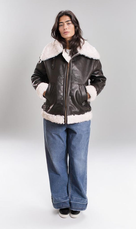 o198692-SHEARLING COLLAR LEATHER JACKET - BLACK