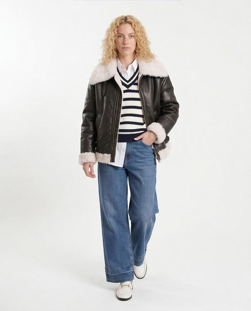 Ravin Faux-Leather Shearling-Trimmed Aviator Jacket in - BLACK - o198692