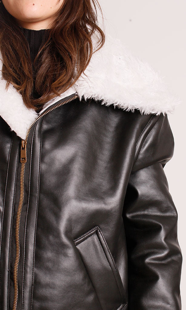 o198692-SHEARLING COLLAR LEATHER JACKET - BLACK