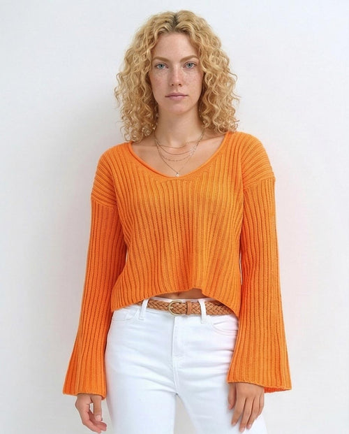 Ravin Women's Ribbed V-Neck Bell Sleeve Cropped Sweater - O198697