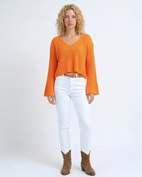 Ravin Women's Ribbed V-Neck Bell Sleeve Cropped Sweater - O198697