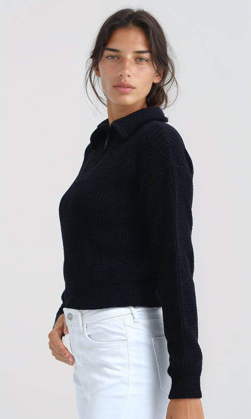 O198702 - Regular Fit Long Sleeves Zipped Pullover - Black