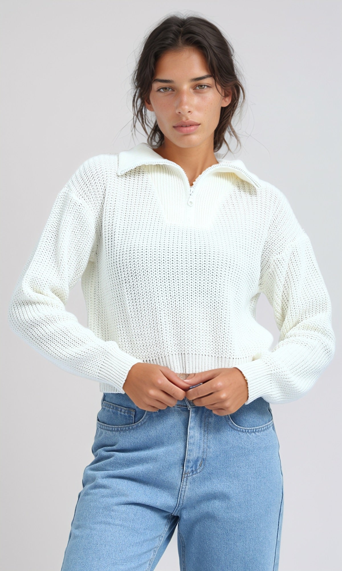 Cloud White Textured Quarter-Zip Knit Pullover - O198703