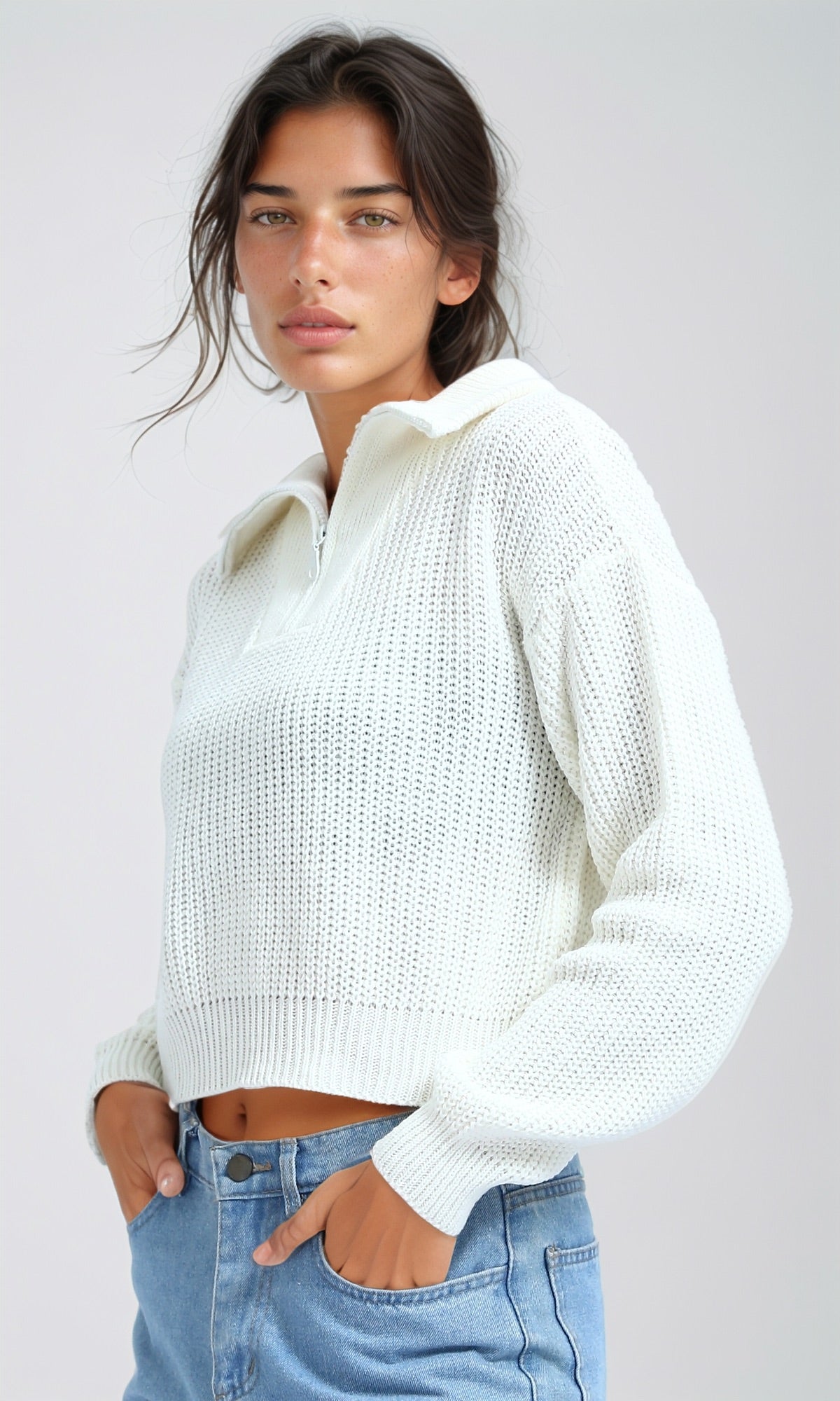 Cloud White Textured Quarter-Zip Knit Pullover - O198703