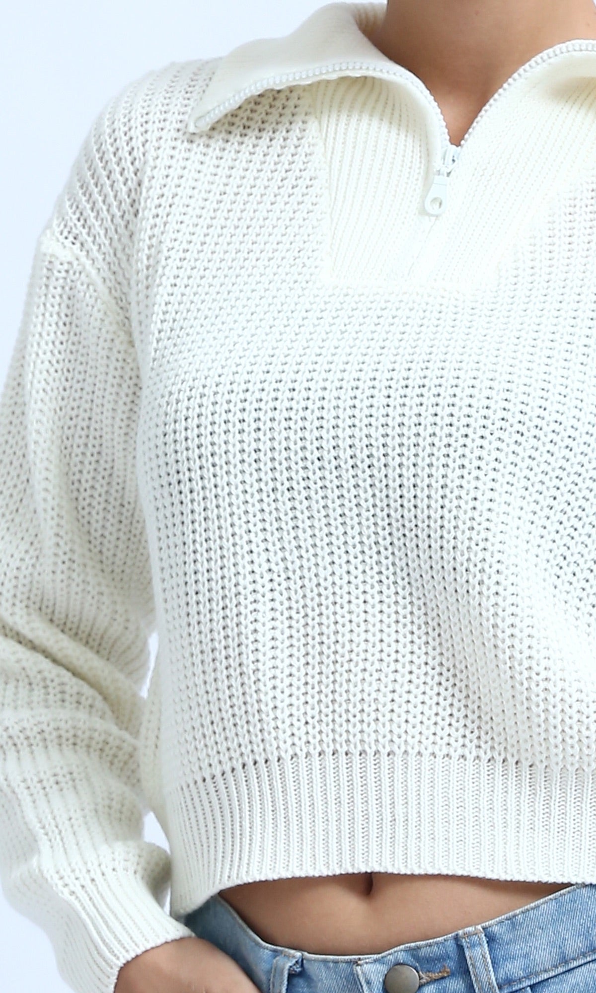 Cloud White Textured Quarter-Zip Knit Pullover - O198703