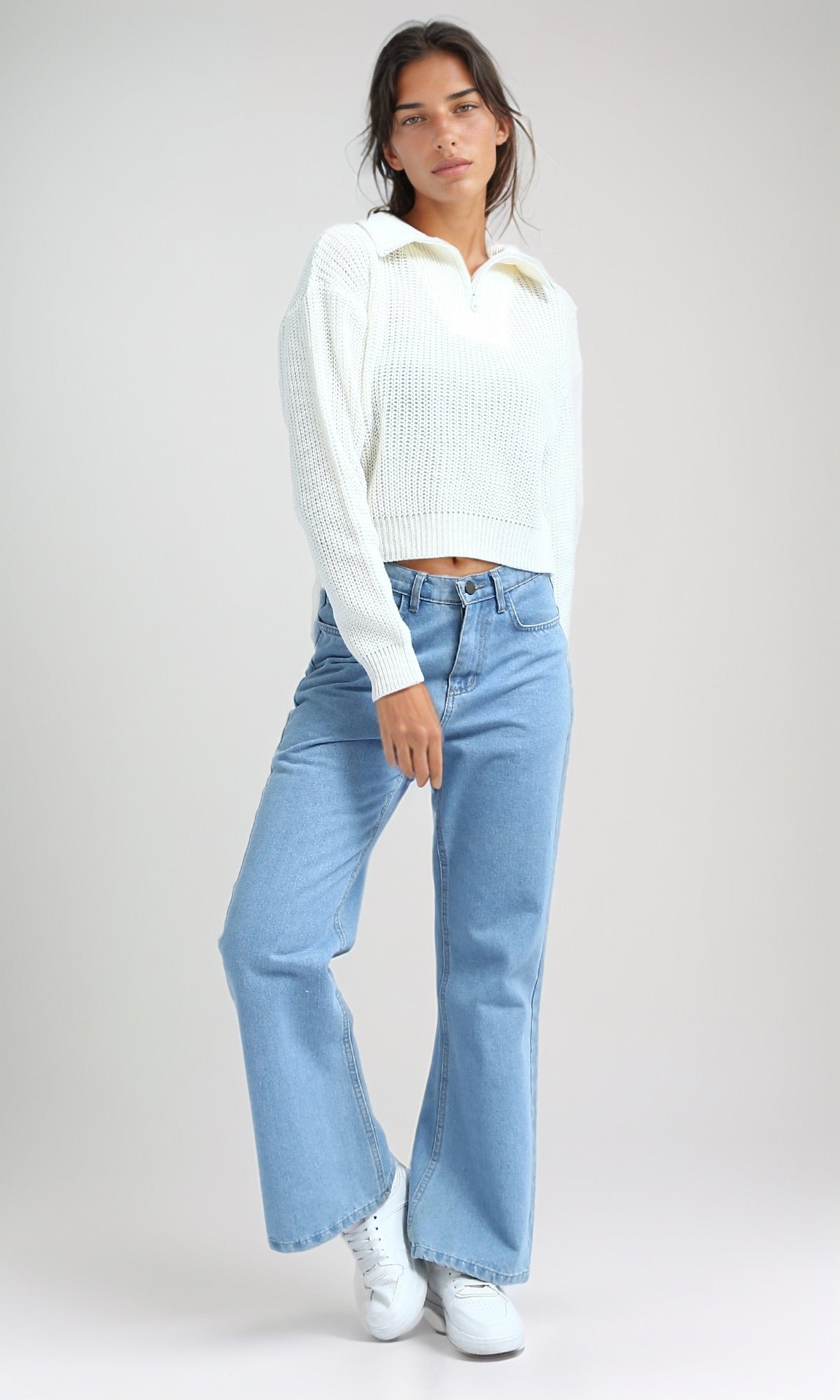 Cloud White Textured Quarter-Zip Knit Pullover - O198703