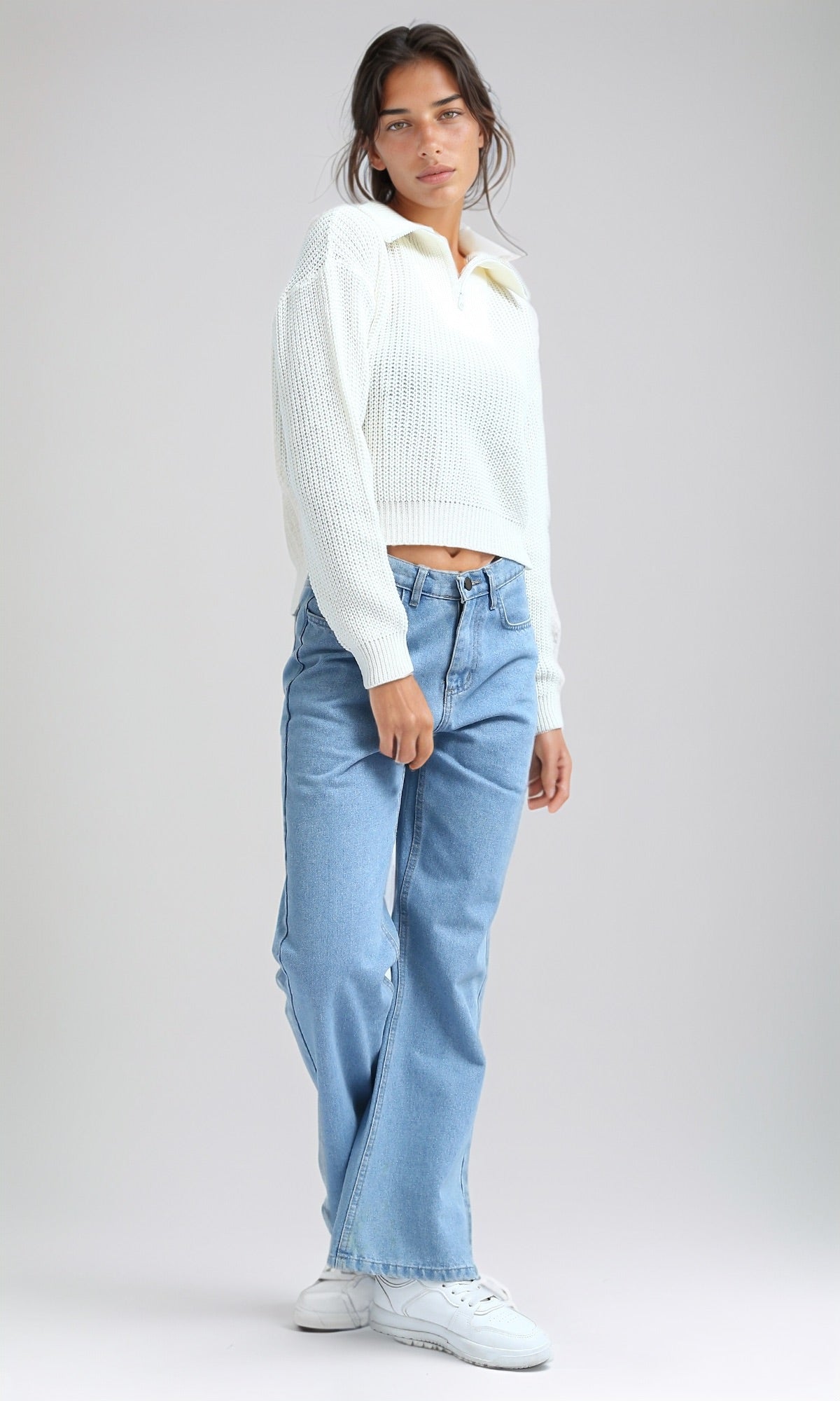 Cloud White Textured Quarter-Zip Knit Pullover - O198703