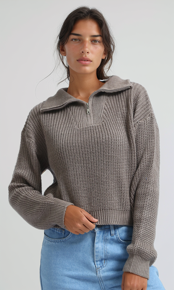O198704 - Knitted Zipped Pullover with Stand Neck - Coffee