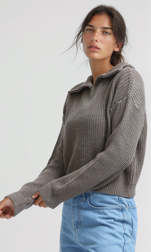 O198704 - Knitted Zipped Pullover with Stand Neck - Coffee