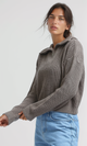 O198704 - Knitted Zipped Pullover with Stand Neck - Coffee