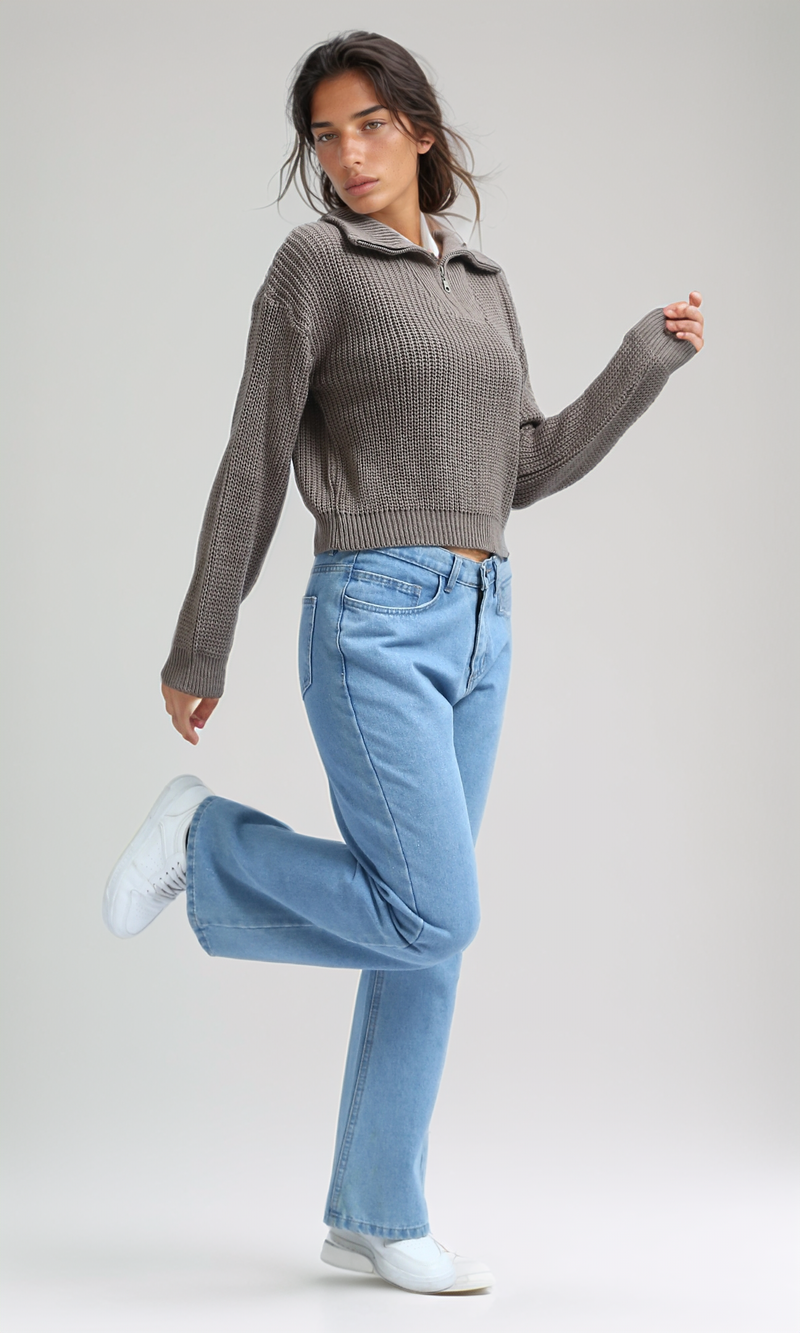 O198704 - Knitted Zipped Pullover with Stand Neck - Coffee