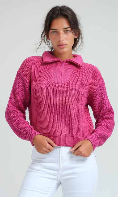 O198705 - Long Sleeves Regular Fit Zipped Pullover - Fuchsia
