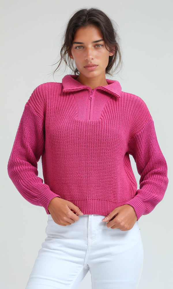 O198705 - Long Sleeves Regular Fit Zipped Pullover - Fuchsia