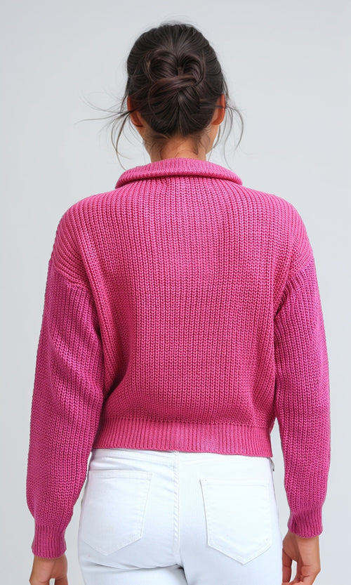 O198705 - Long Sleeves Regular Fit Zipped Pullover - Fuchsia