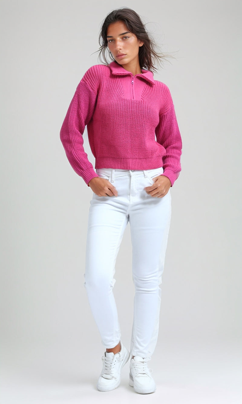 O198705 - Long Sleeves Regular Fit Zipped Pullover - Fuchsia