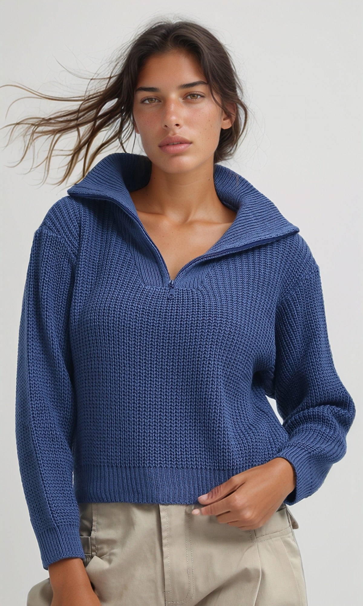 O198706 - Knitted Long Sleeves Cropped Pullover - Petroleum