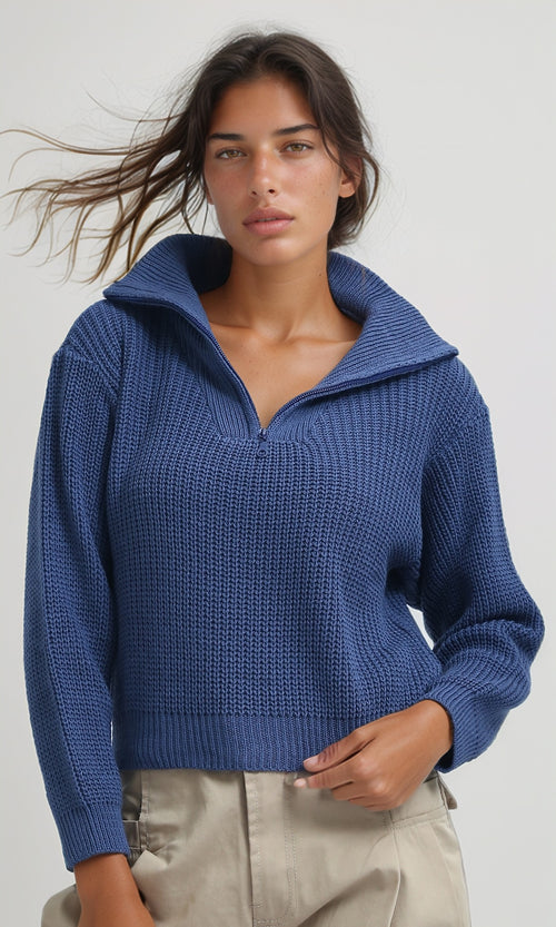 O198706 - Knitted Long Sleeves Cropped Pullover - Petroleum