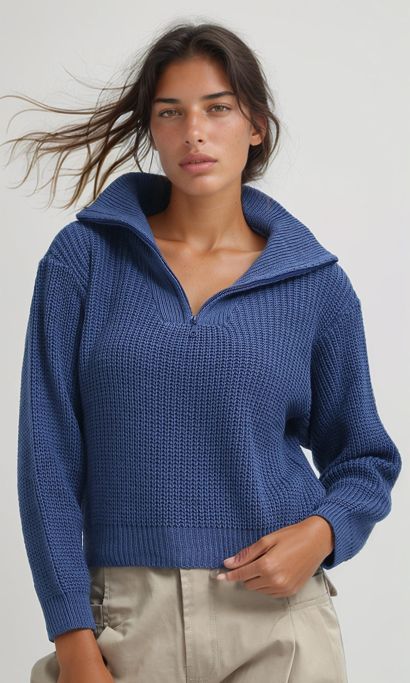 O198706 - Knitted Long Sleeves Cropped Pullover - Petroleum