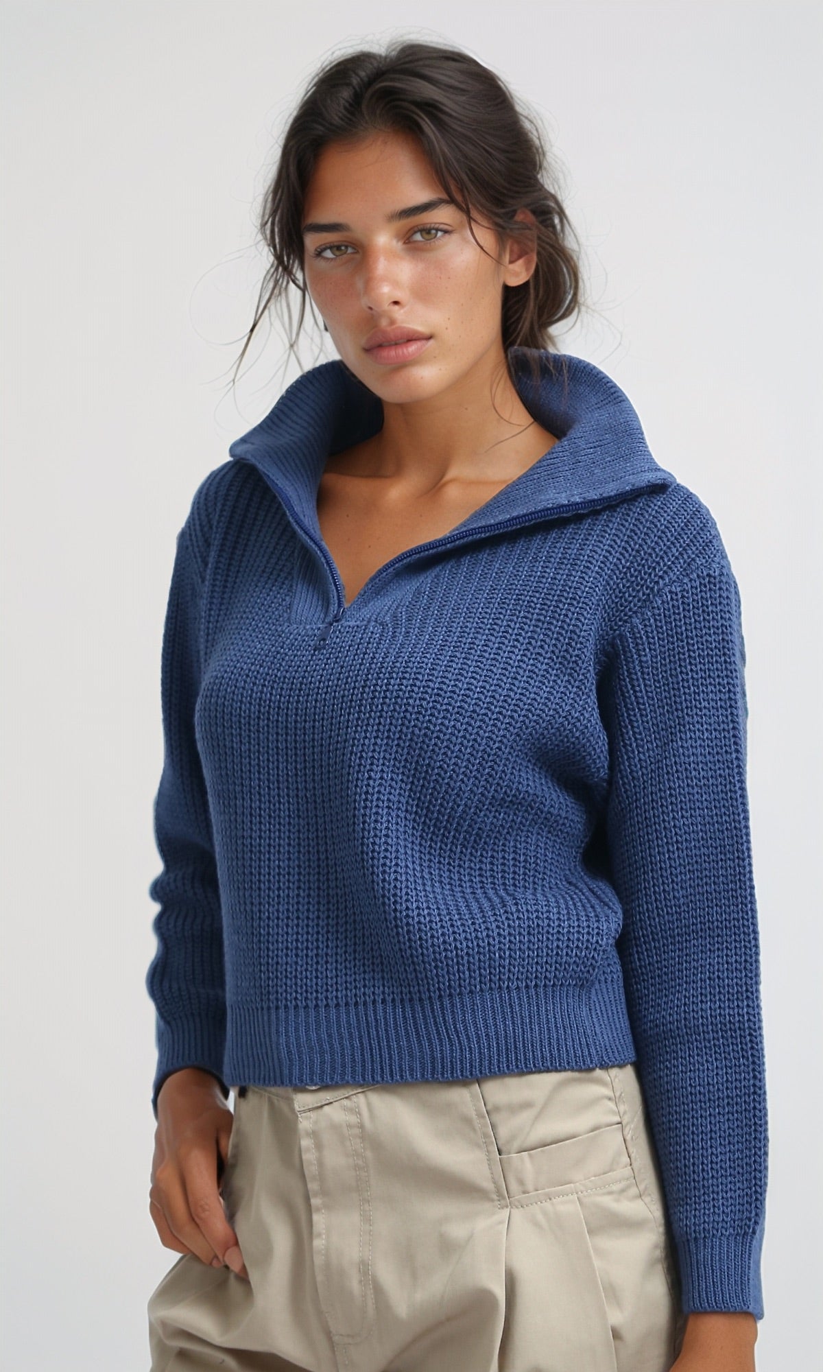 O198706 - Knitted Long Sleeves Cropped Pullover - Petroleum