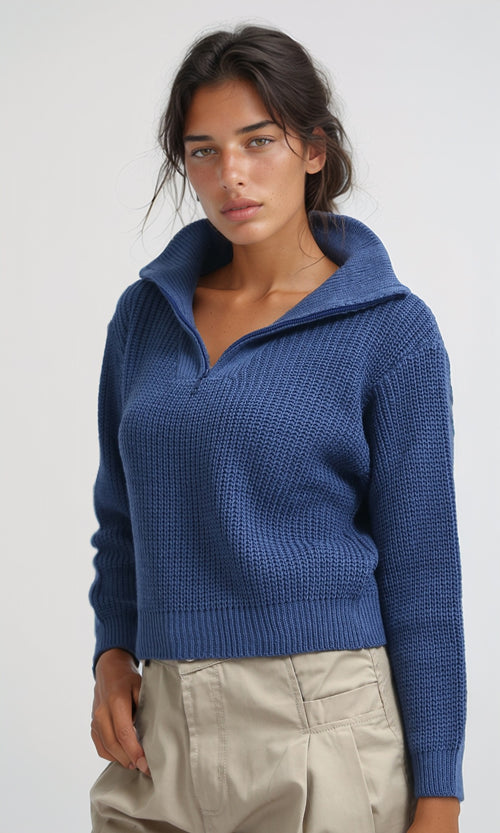 O198706 - Knitted Long Sleeves Cropped Pullover - Petroleum