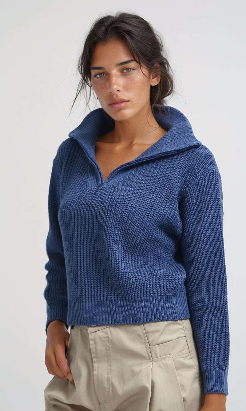 O198706 - Knitted Long Sleeves Cropped Pullover - Petroleum