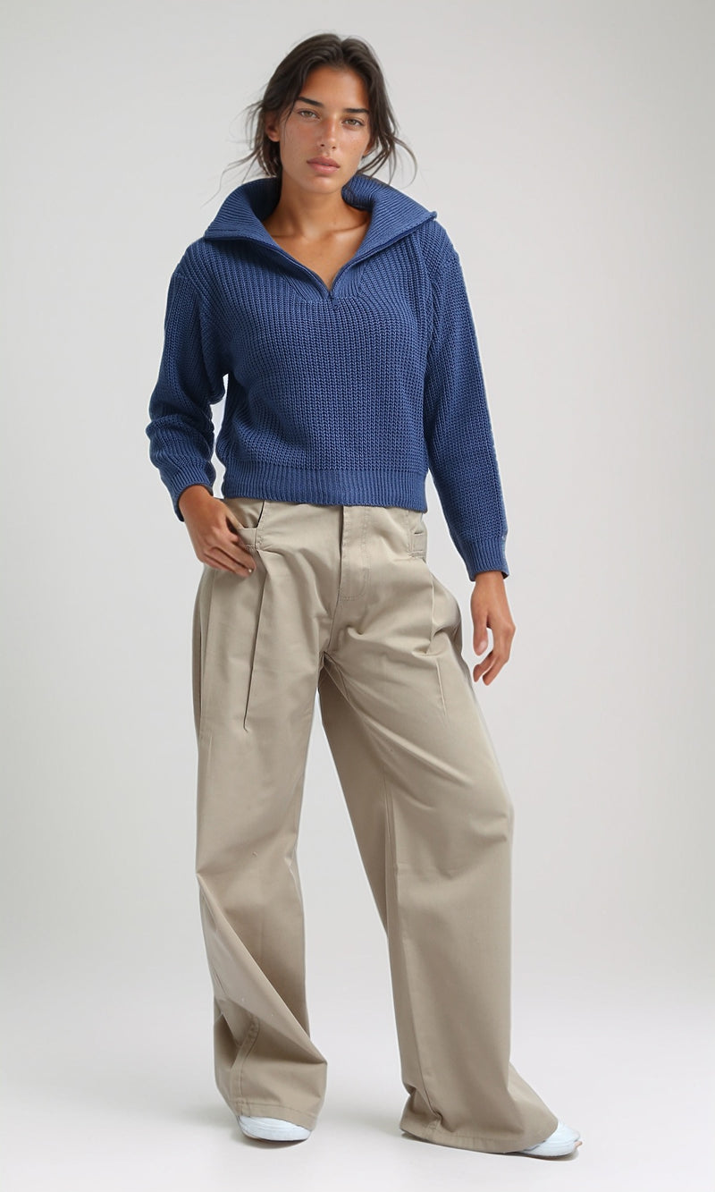 O198706 - Knitted Long Sleeves Cropped Pullover - Petroleum