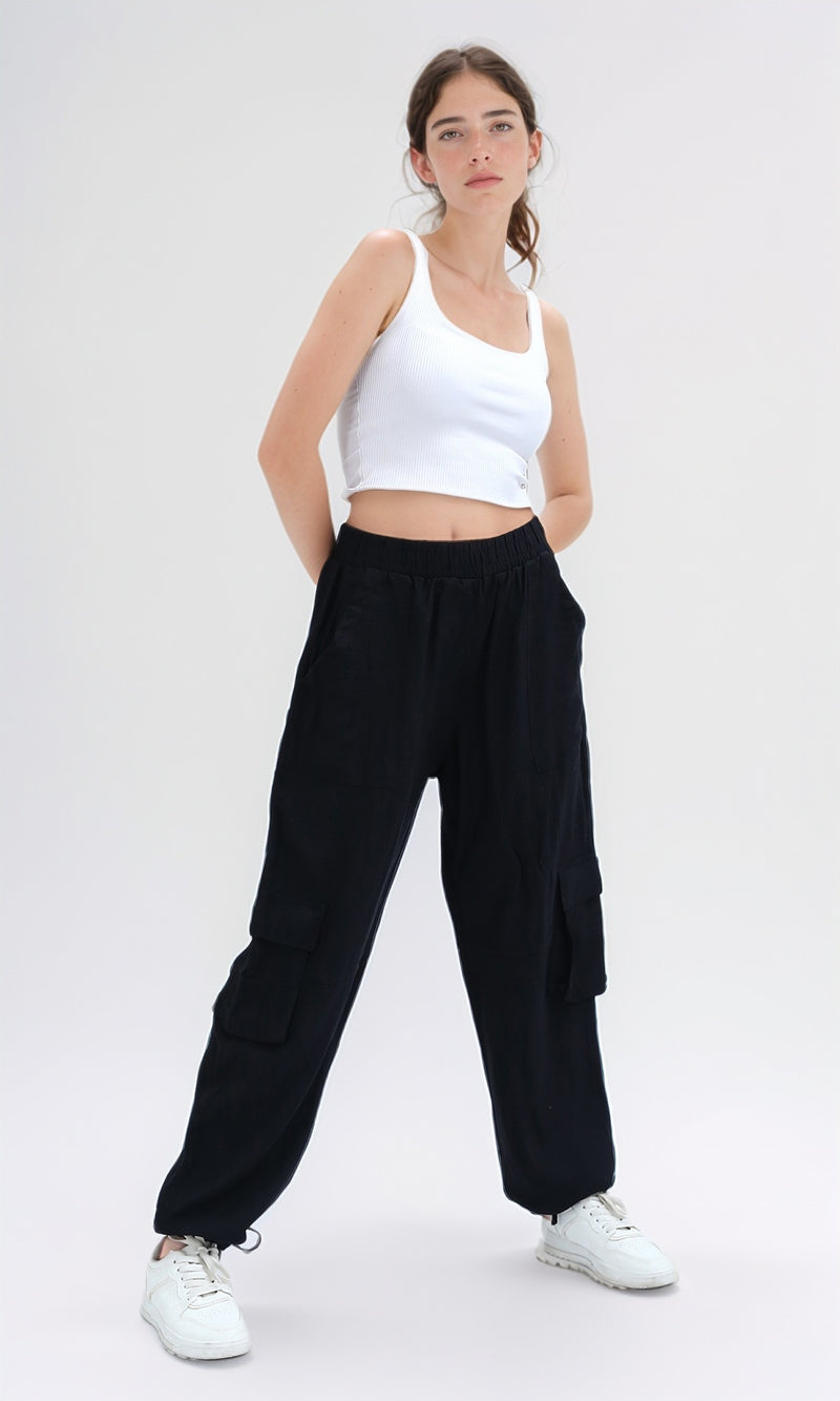 O198708 - Casual Comfy Solid Jogger Pants - Black