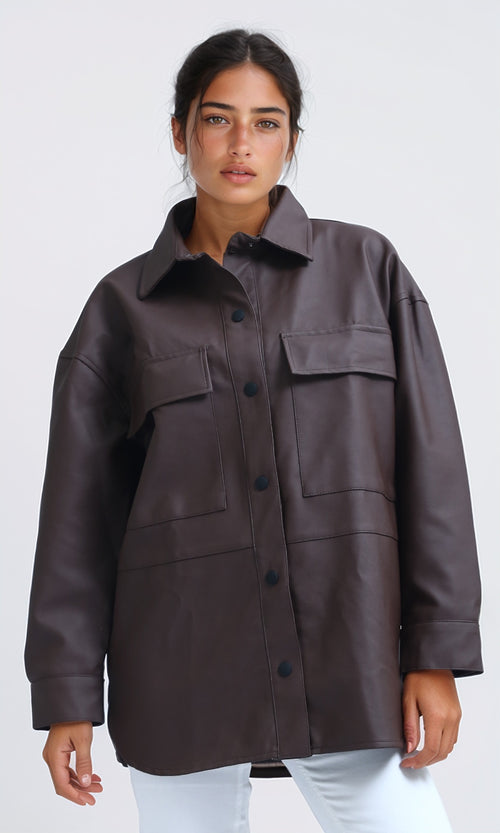 O198724 - Long Sleeves PU Jacket with Front Pockets - Brown