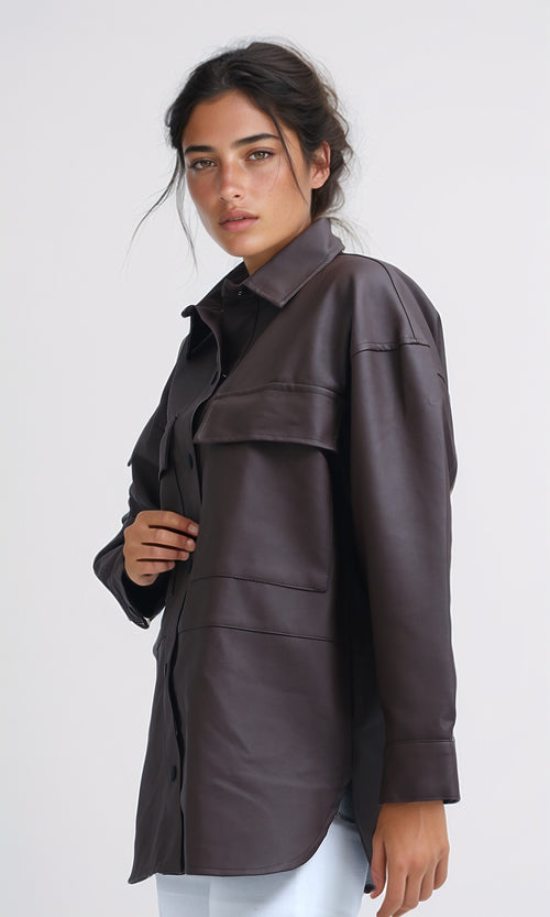 O198724 - Long Sleeves PU Jacket with Front Pockets - Brown