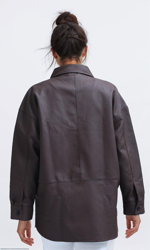 O198724 - Long Sleeves PU Jacket with Front Pockets - Brown